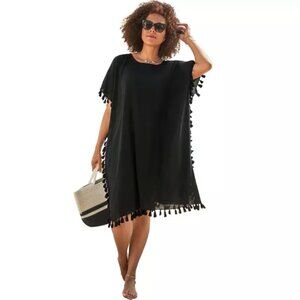 Swimsuits For All Kaftan Womens 18/24 Black Everly Pom Pom Cover Up Tunic Swim